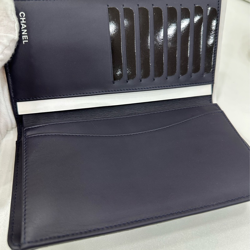 Chanel香奈兒 深藍荔枝皮 長款對折皮夾 18開 閒置-6