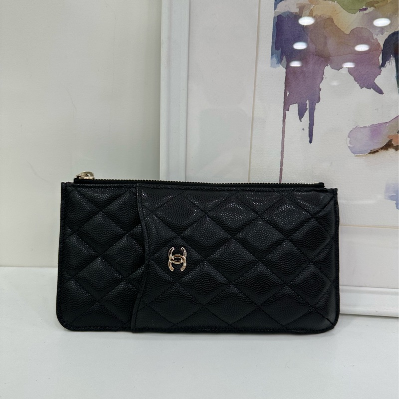 Chanel香奈兒黑色荔枝皮皮夾,卡包 29開-1