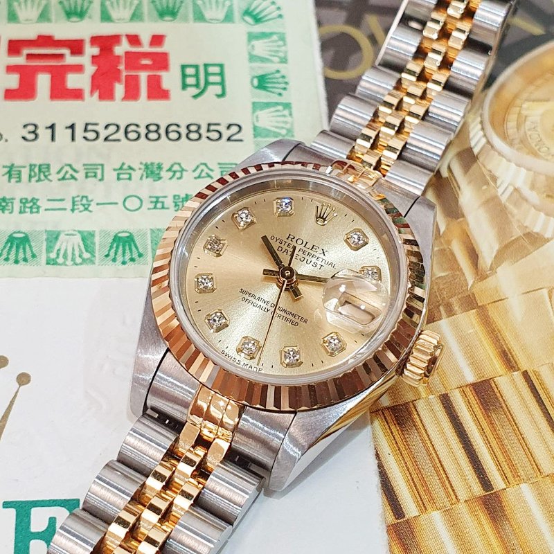 【大眾名錶】ROLEX勞力士69173 Datejust 蠔式女錶 經典太陽圈 新包台 金色十鑽面盤 大眾名錶G237-8