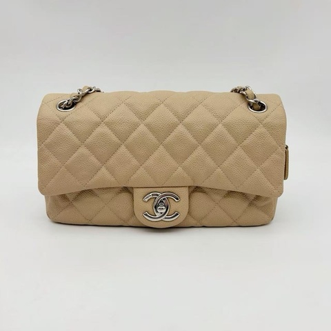 「JL精品代購」香奈兒魚子醬牛皮奶茶色銀扣拉鍊款cf鏈條包