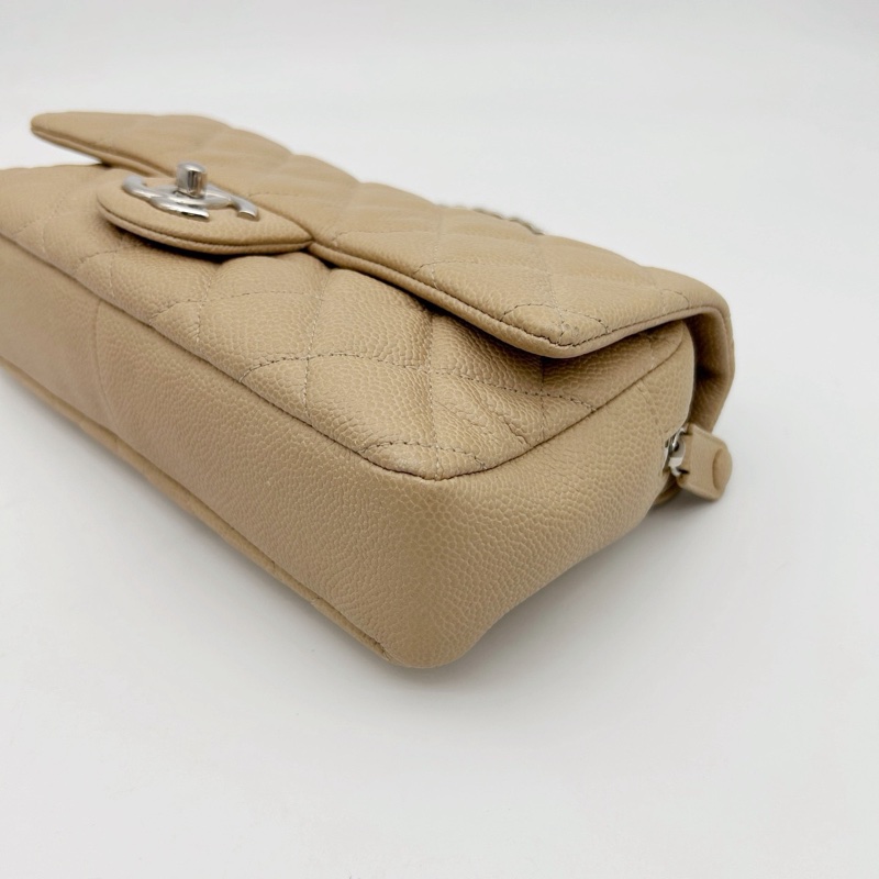 「JL精品代購」香奈兒魚子醬牛皮奶茶色銀扣拉鍊款cf鏈條包-8