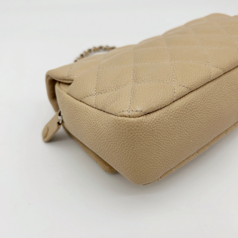 「JL精品代購」香奈兒魚子醬牛皮奶茶色銀扣拉鍊款cf鏈條包-10