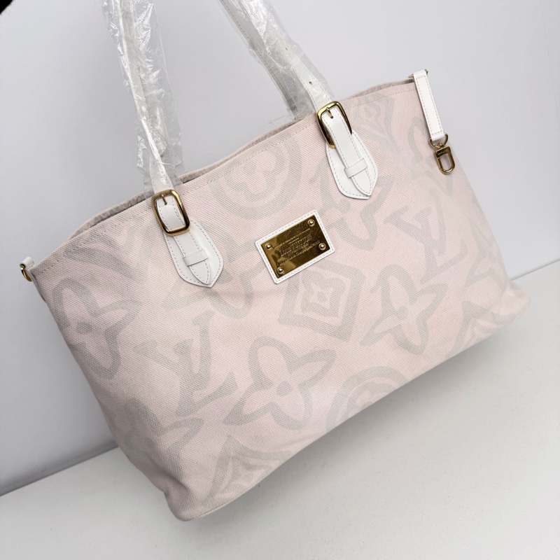 【近新閒置品】LV 路易威登 Louis Vuitton 大溪地系列櫻花粉大logo帆布托特包手提包-0