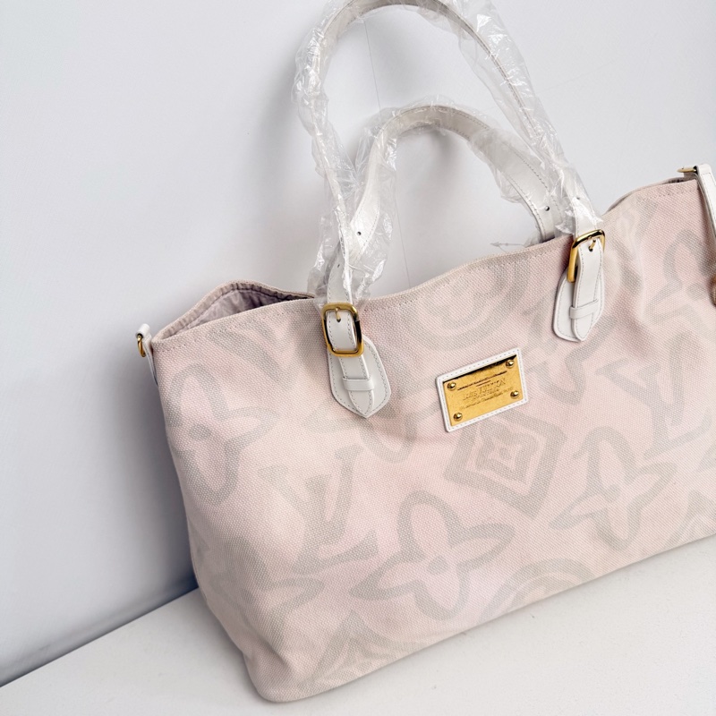 【近新閒置品】LV 路易威登 Louis Vuitton 大溪地系列櫻花粉大logo帆布托特包手提包-2