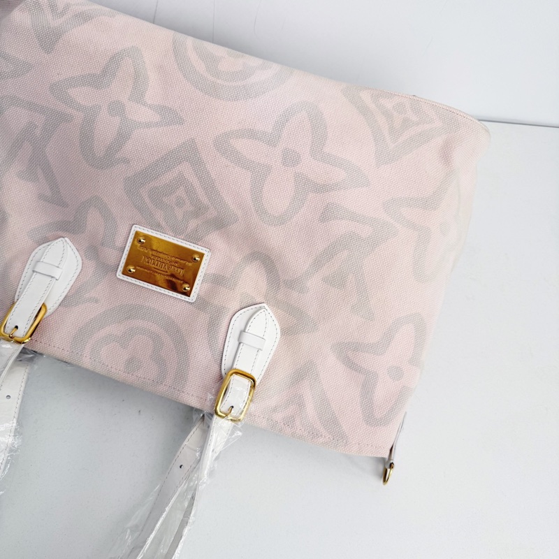 【近新閒置品】LV 路易威登 Louis Vuitton 大溪地系列櫻花粉大logo帆布托特包手提包-3