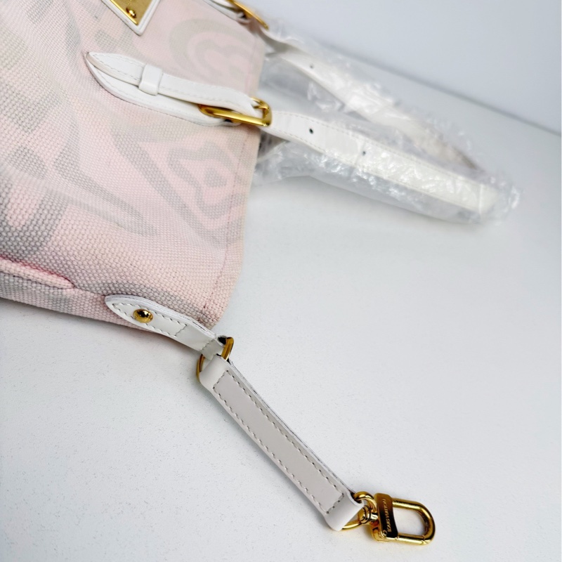 【近新閒置品】LV 路易威登 Louis Vuitton 大溪地系列櫻花粉大logo帆布托特包手提包-4