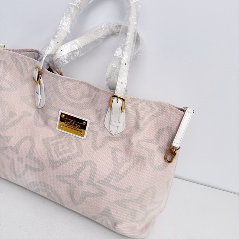 【近新閒置品】LV 路易威登 Louis Vuitton 大溪地系列櫻花粉大logo帆布托特包手提包-6
