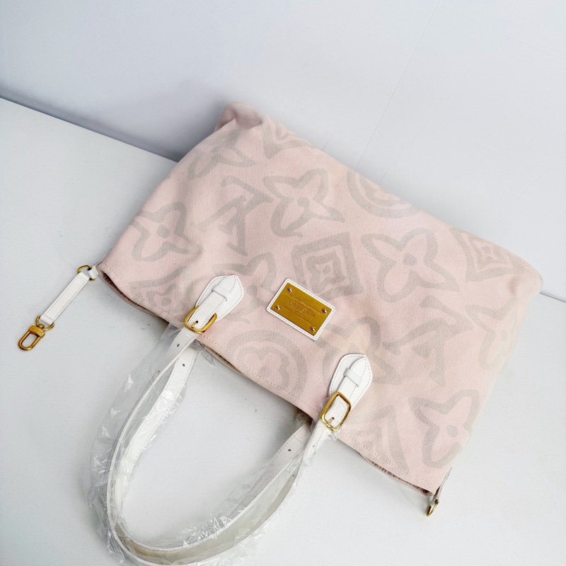 【近新閒置品】LV 路易威登 Louis Vuitton 大溪地系列櫻花粉大logo帆布托特包手提包-9