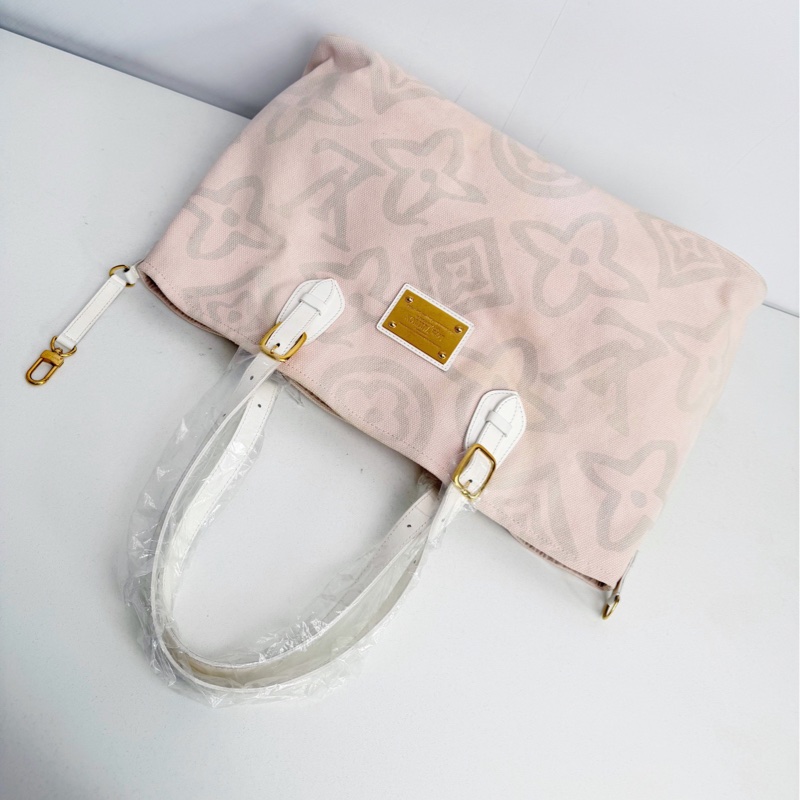 【近新閒置品】LV 路易威登 Louis Vuitton 大溪地系列櫻花粉大logo帆布托特包手提包-13