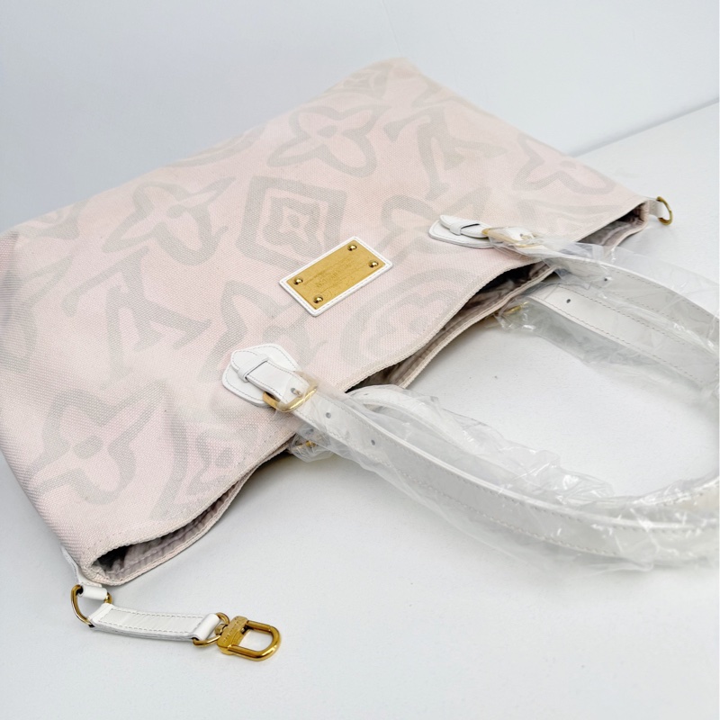 【近新閒置品】LV 路易威登 Louis Vuitton 大溪地系列櫻花粉大logo帆布托特包手提包-17