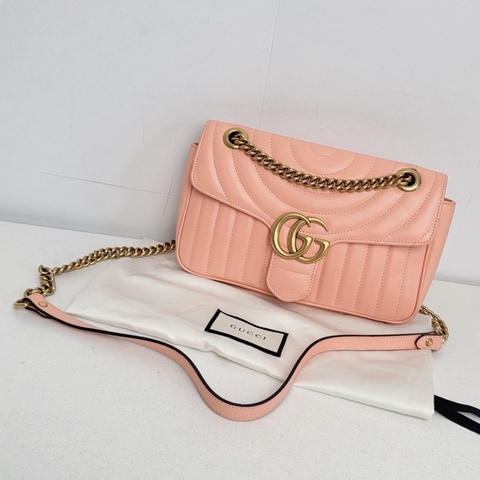 【近新閒置品】Gucci 古馳 蜜桃粉金扣新款絎縫馬蒙marmont 26鏈條包