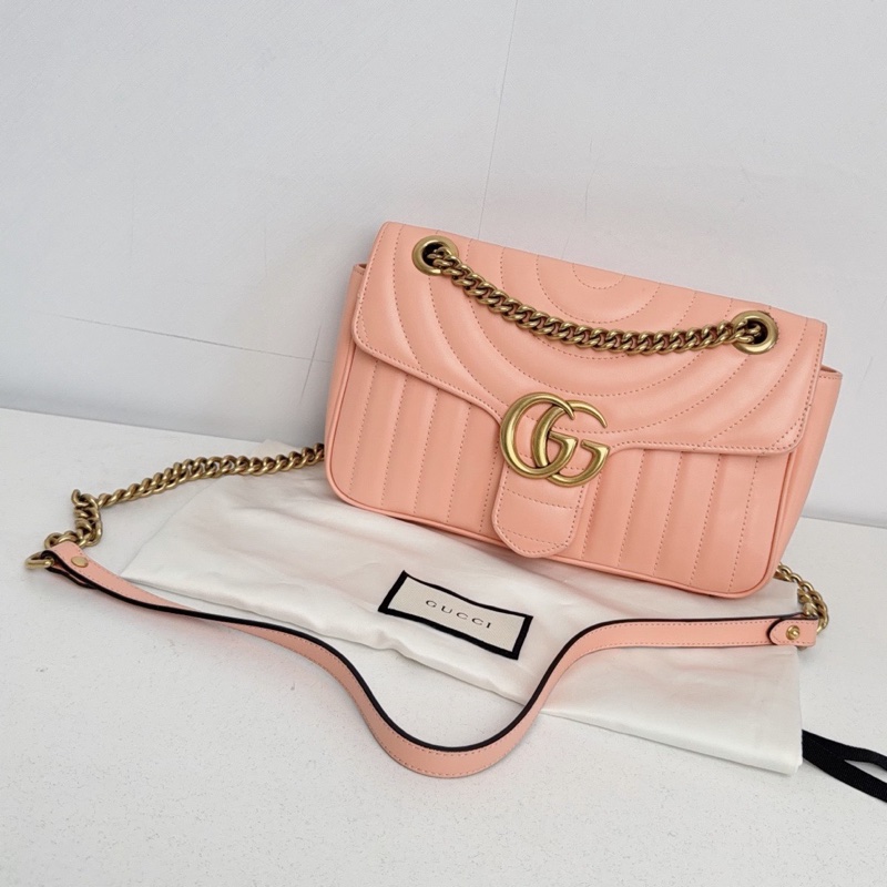 【近新閒置品】Gucci 古馳 蜜桃粉金扣新款絎縫馬蒙marmont 26鏈條包-0