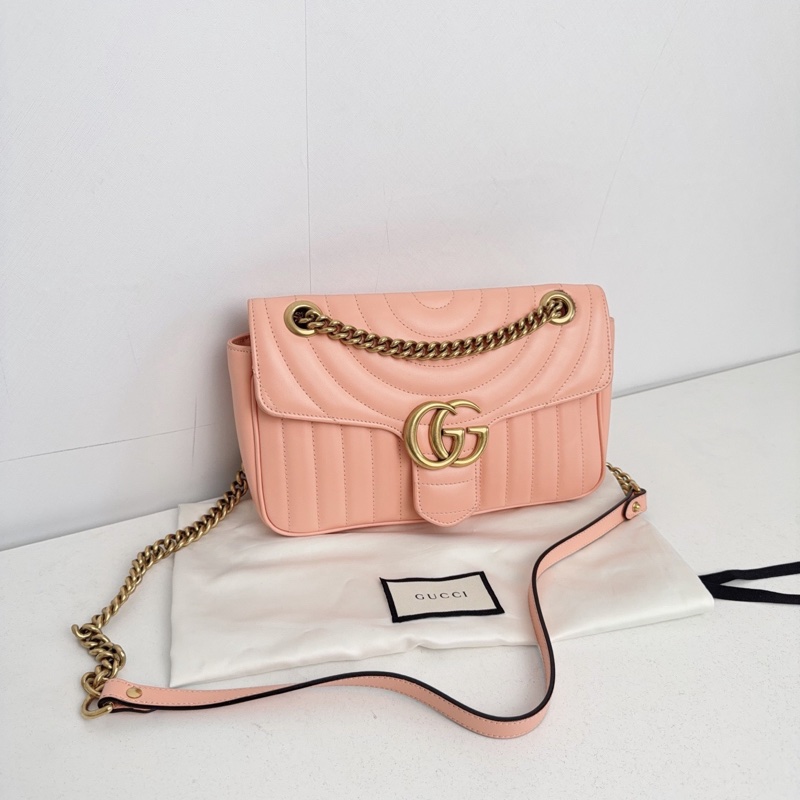 【近新閒置品】Gucci 古馳 蜜桃粉金扣新款絎縫馬蒙marmont 26鏈條包-2