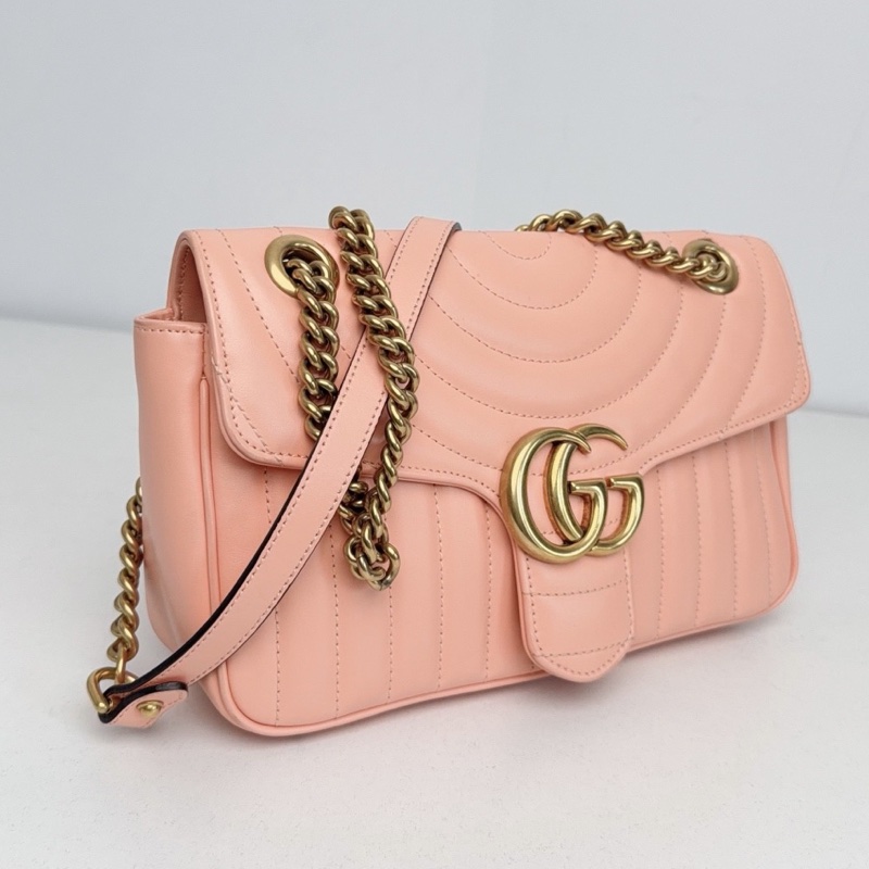 【近新閒置品】Gucci 古馳 蜜桃粉金扣新款絎縫馬蒙marmont 26鏈條包-3
