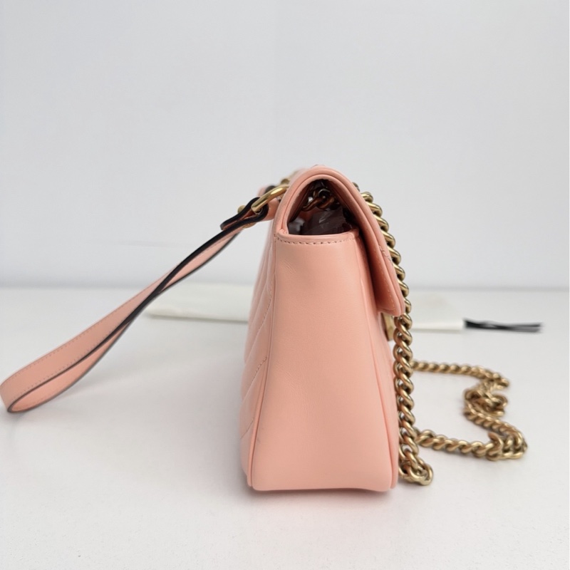 【近新閒置品】Gucci 古馳 蜜桃粉金扣新款絎縫馬蒙marmont 26鏈條包-5