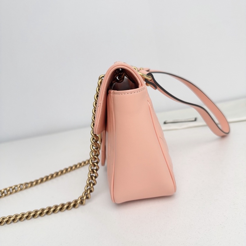 【近新閒置品】Gucci 古馳 蜜桃粉金扣新款絎縫馬蒙marmont 26鏈條包-6