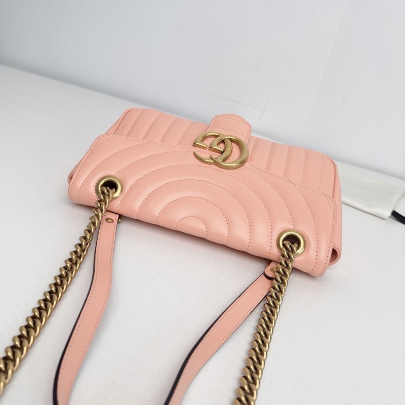 【近新閒置品】Gucci 古馳 蜜桃粉金扣新款絎縫馬蒙marmont 26鏈條包-7