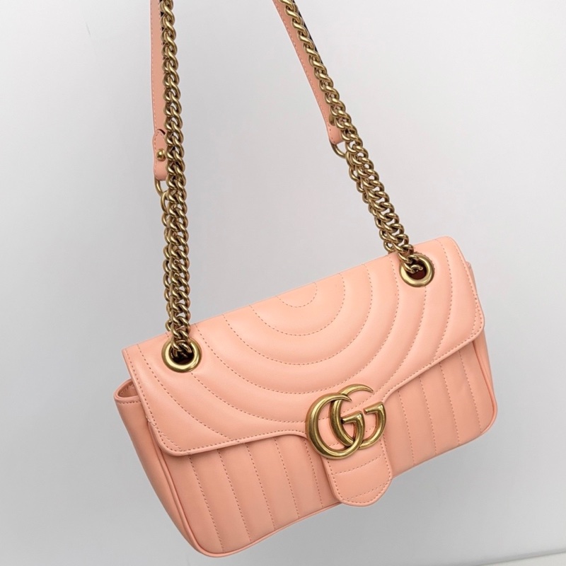 【近新閒置品】Gucci 古馳 蜜桃粉金扣新款絎縫馬蒙marmont 26鏈條包-8