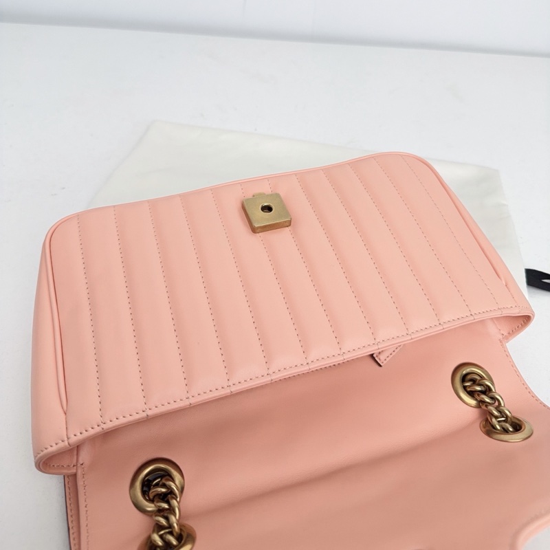 【近新閒置品】Gucci 古馳 蜜桃粉金扣新款絎縫馬蒙marmont 26鏈條包-12