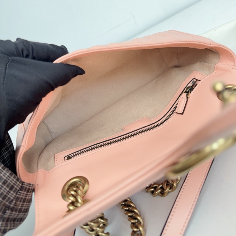 【近新閒置品】Gucci 古馳 蜜桃粉金扣新款絎縫馬蒙marmont 26鏈條包-13