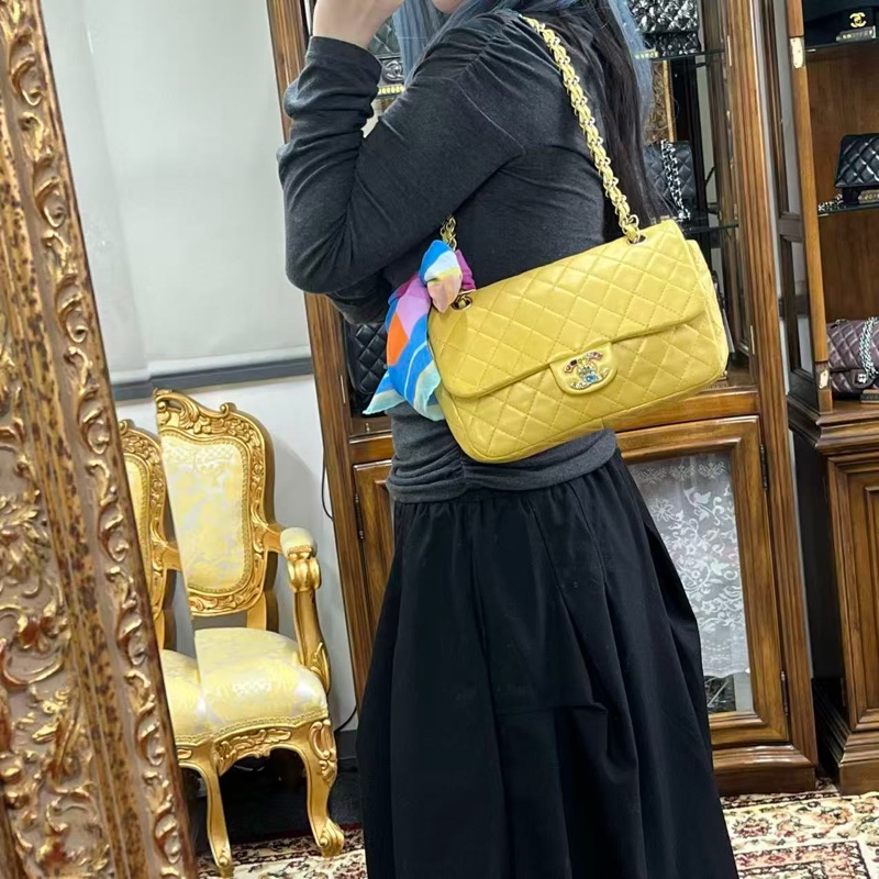 「JL精品代購」香奈兒珠光金色羊皮彩色琉璃扣雙鏈合併款單肩翻蓋包-1