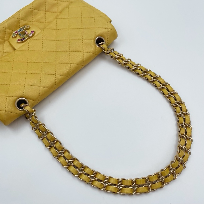 「JL精品代購」香奈兒珠光金色羊皮彩色琉璃扣雙鏈合併款單肩翻蓋包-13