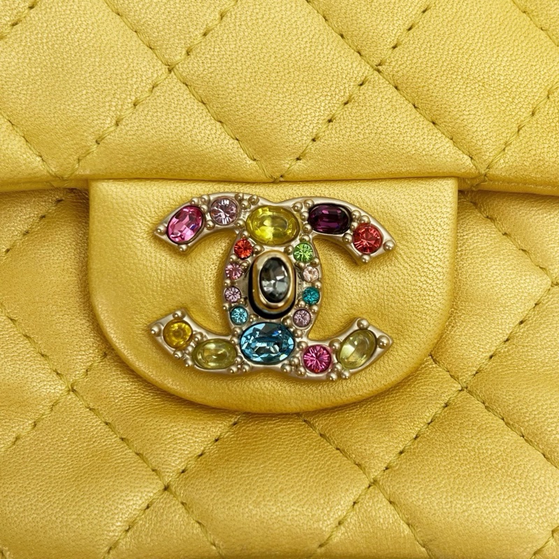 「JL精品代購」香奈兒珠光金色羊皮彩色琉璃扣雙鏈合併款單肩翻蓋包-23