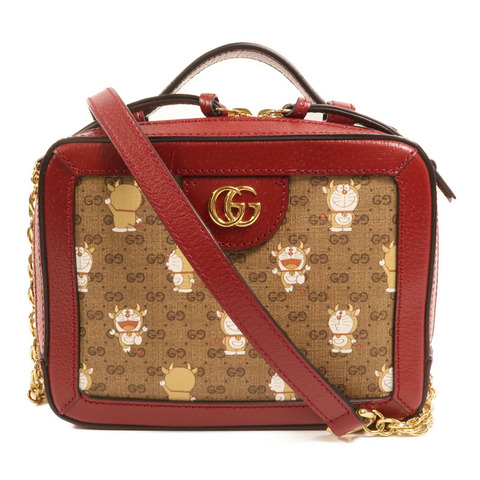 GUCCI 塗層帆布Doraemon Micro GG Supreme鏈帶手挽肩背兩用袋