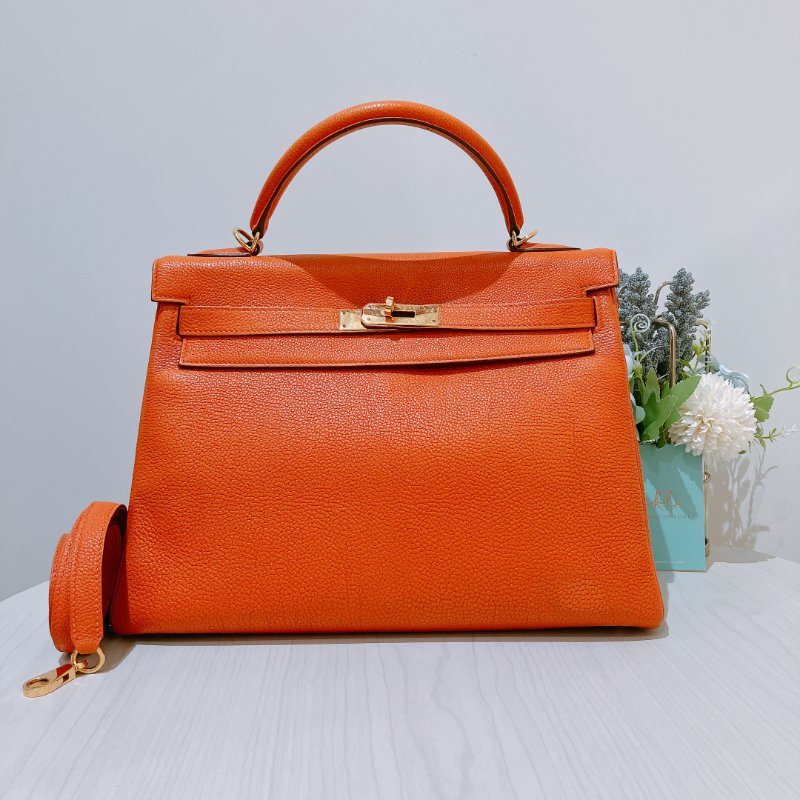 TK2002	  愛馬仕 橙色拼金 Hermes Kelly 32 Togo Orange X GHW #Square L-0