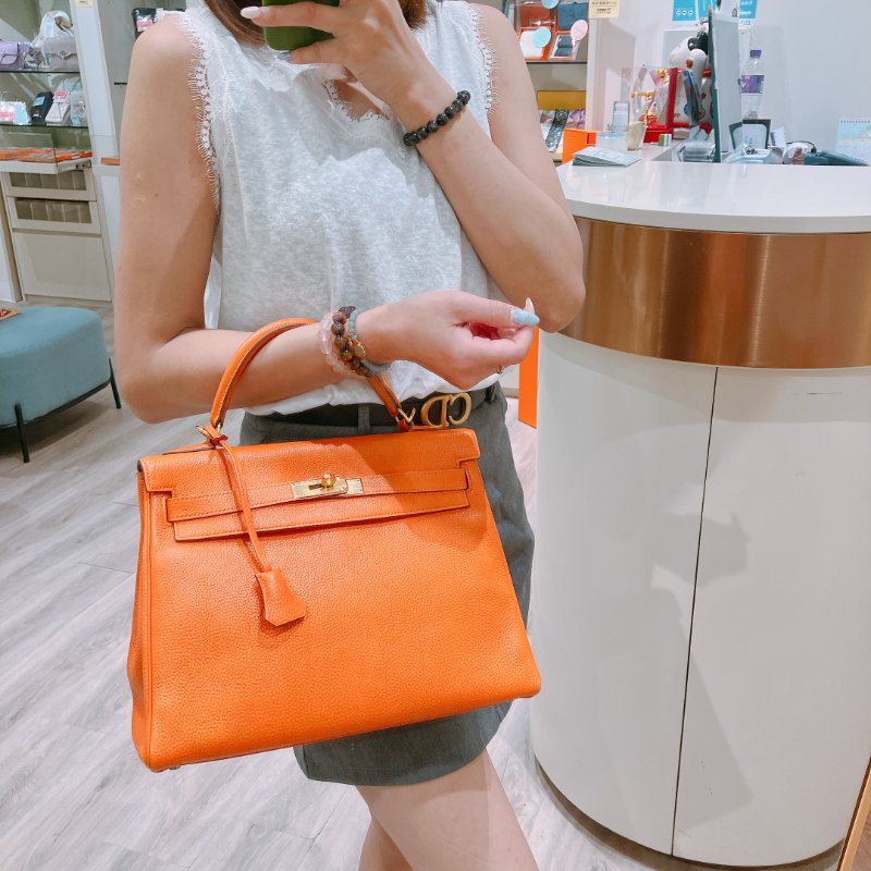 TK2002	  愛馬仕 橙色拼金 Hermes Kelly 32 Togo Orange X GHW #Square L-1