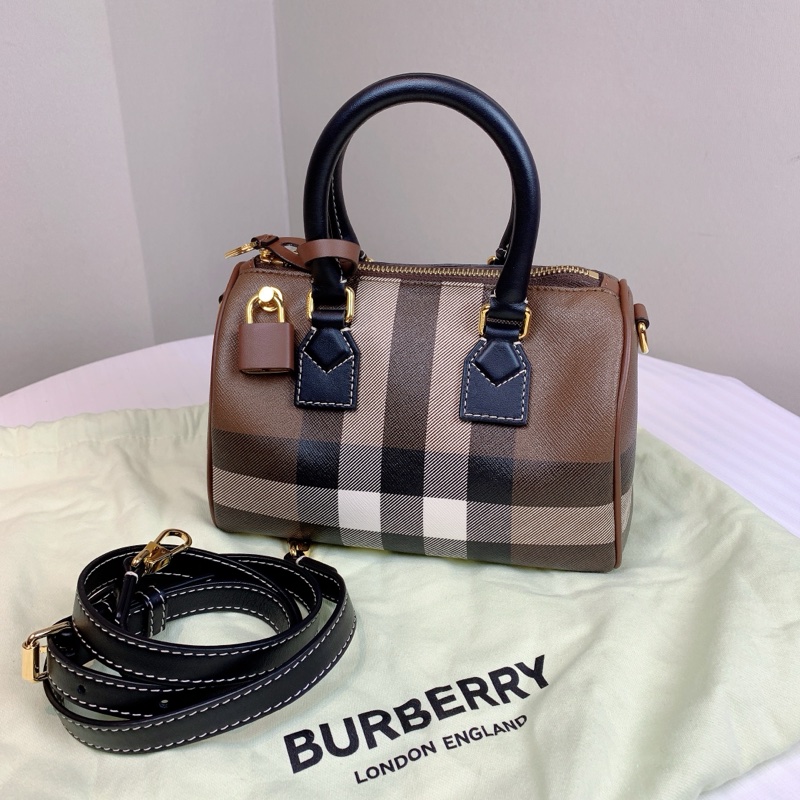 博柏利/Burberry 棕色格纹迷你保龄球包 可手提可斜背 配件：塵袋，長肩帶 20x12x12cm-0