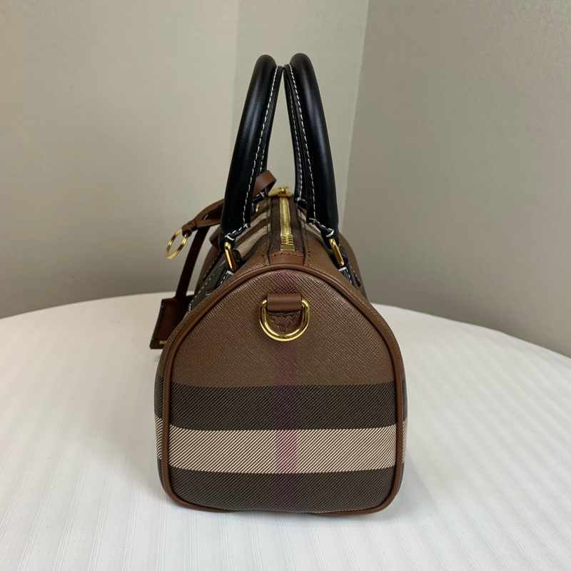 博柏利/Burberry 棕色格纹迷你保龄球包 可手提可斜背 配件：塵袋，長肩帶 20x12x12cm-3