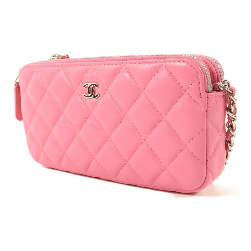 CHANEL 羊皮皮革Double Zip Clutch Wallet On Chain鏈帶肩背袋-2