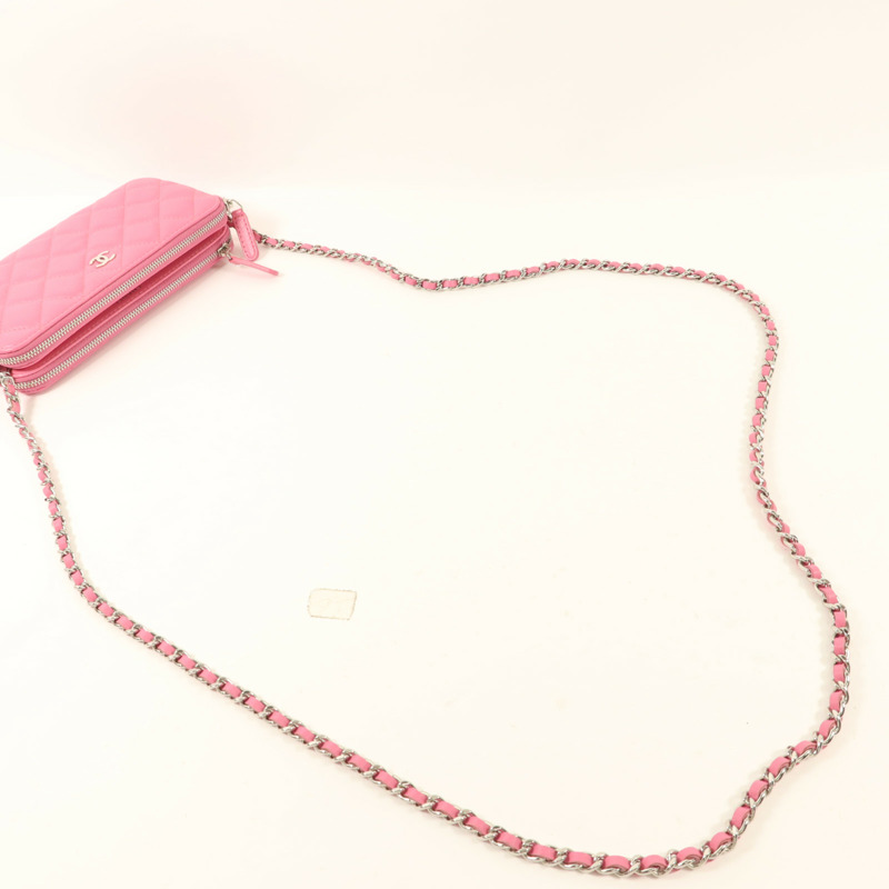 CHANEL 羊皮皮革Double Zip Clutch Wallet On Chain鏈帶肩背袋-9