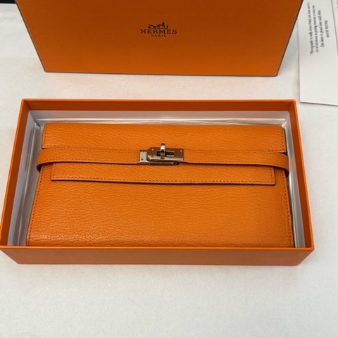 99新Hermes 愛馬仕橙色Kelly long牛皮長款錢包錢夾 可配肩帶鏈條斜挎 有盒子