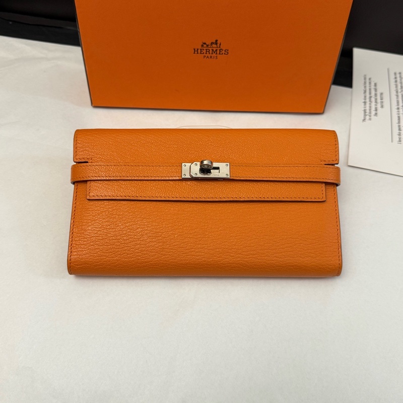 99新Hermes 愛馬仕橙色Kelly long牛皮長款錢包錢夾 可配肩帶鏈條斜挎 有盒子-1
