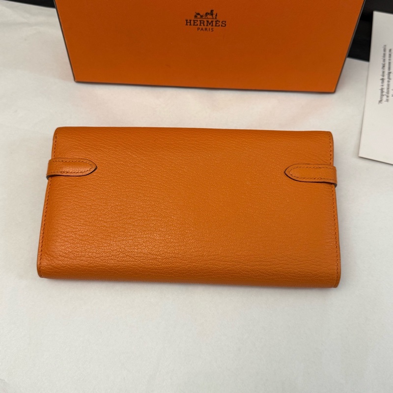 99新Hermes 愛馬仕橙色Kelly long牛皮長款錢包錢夾 可配肩帶鏈條斜挎 有盒子-2