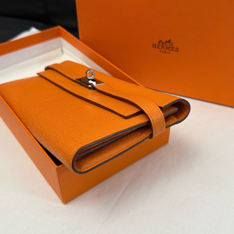99新Hermes 愛馬仕橙色Kelly long牛皮長款錢包錢夾 可配肩帶鏈條斜挎 有盒子-3