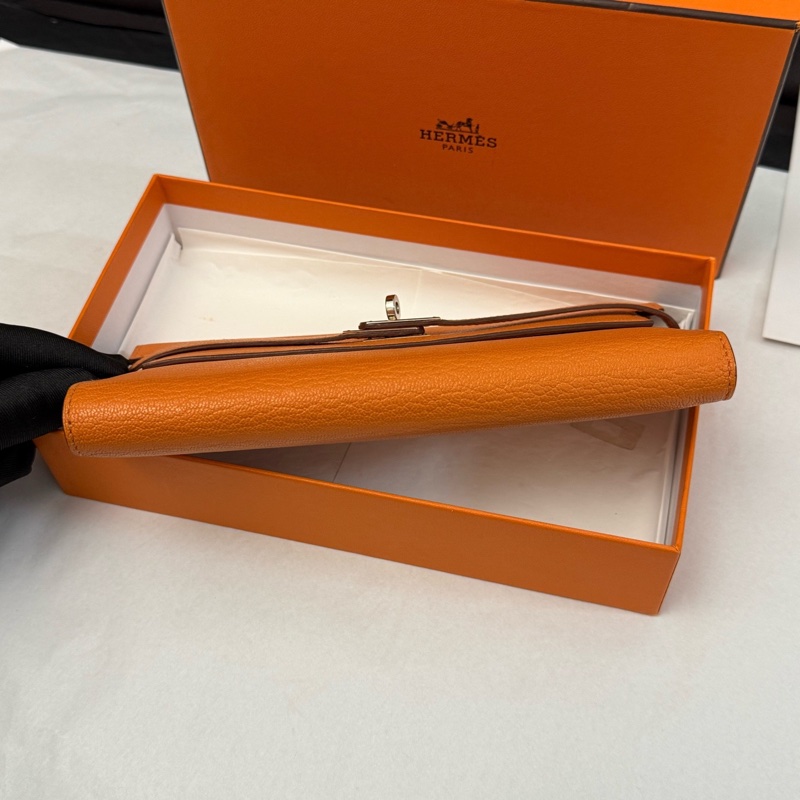 99新Hermes 愛馬仕橙色Kelly long牛皮長款錢包錢夾 可配肩帶鏈條斜挎 有盒子-5