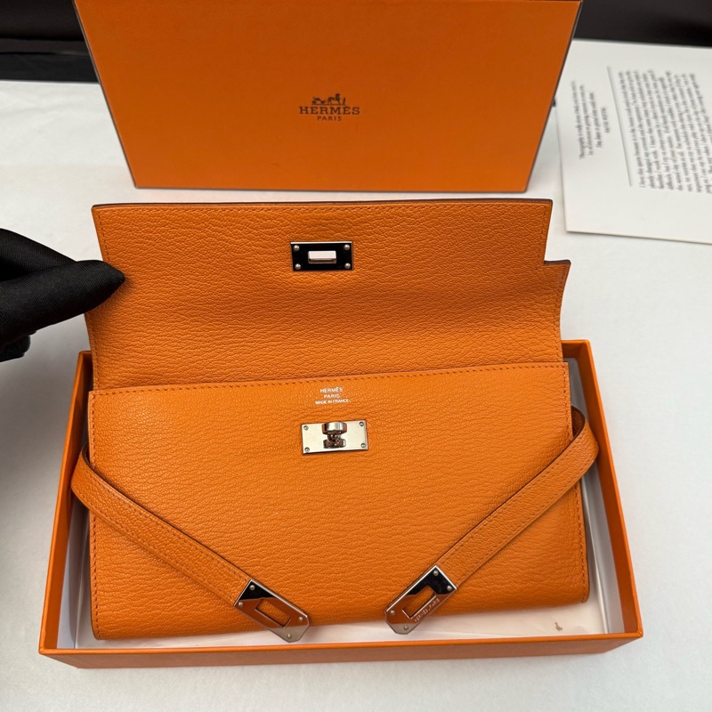 99新Hermes 愛馬仕橙色Kelly long牛皮長款錢包錢夾 可配肩帶鏈條斜挎 有盒子-6