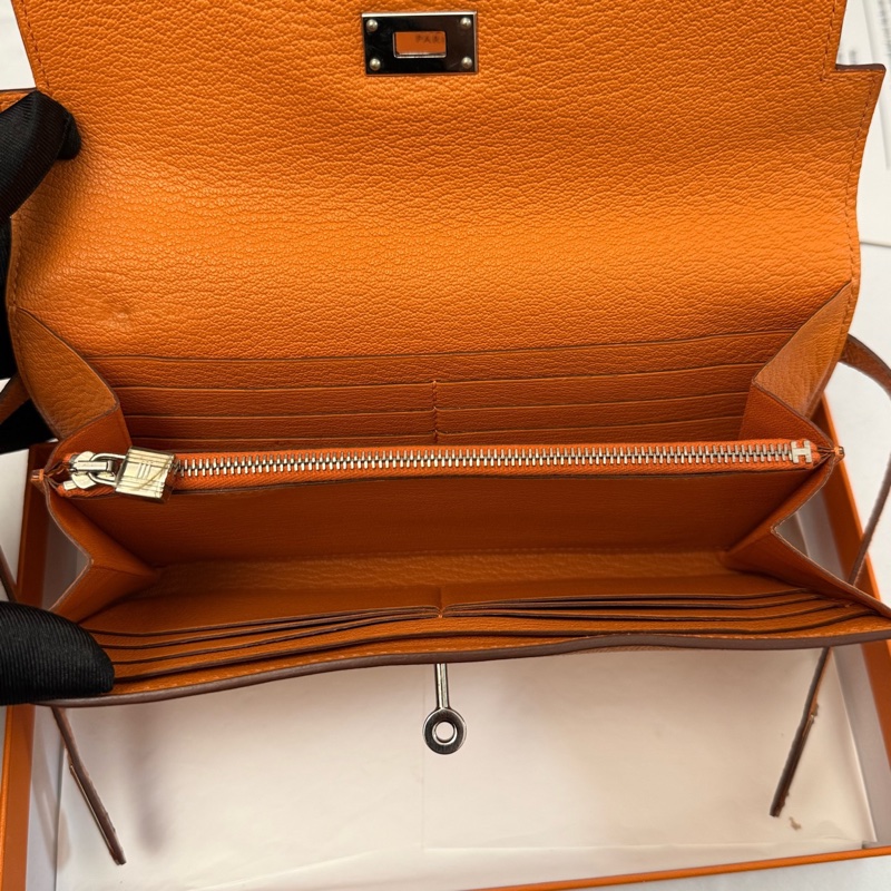 99新Hermes 愛馬仕橙色Kelly long牛皮長款錢包錢夾 可配肩帶鏈條斜挎 有盒子-8