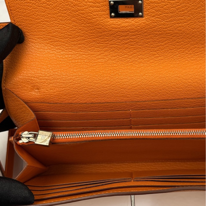 99新Hermes 愛馬仕橙色Kelly long牛皮長款錢包錢夾 可配肩帶鏈條斜挎 有盒子-9