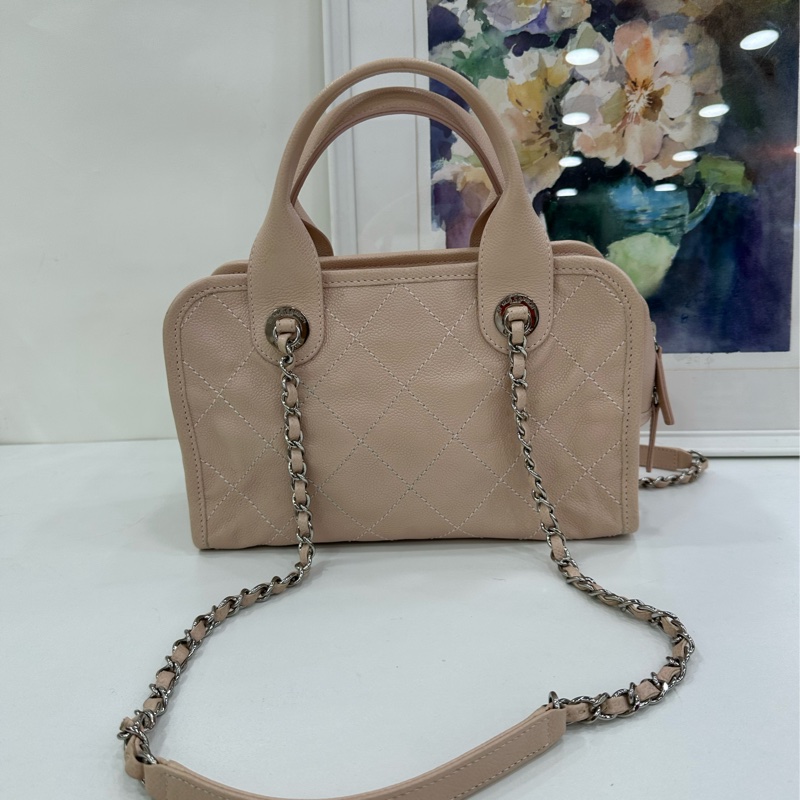 Chanel 香奈兒沙灘系列粉紅荔枝皮 保齡球手提單肩鏈條 20開-2