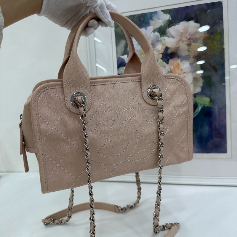 Chanel 香奈兒沙灘系列粉紅荔枝皮 保齡球手提單肩鏈條 20開-4