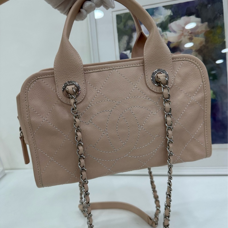 Chanel 香奈兒沙灘系列粉紅荔枝皮 保齡球手提單肩鏈條 20開-6