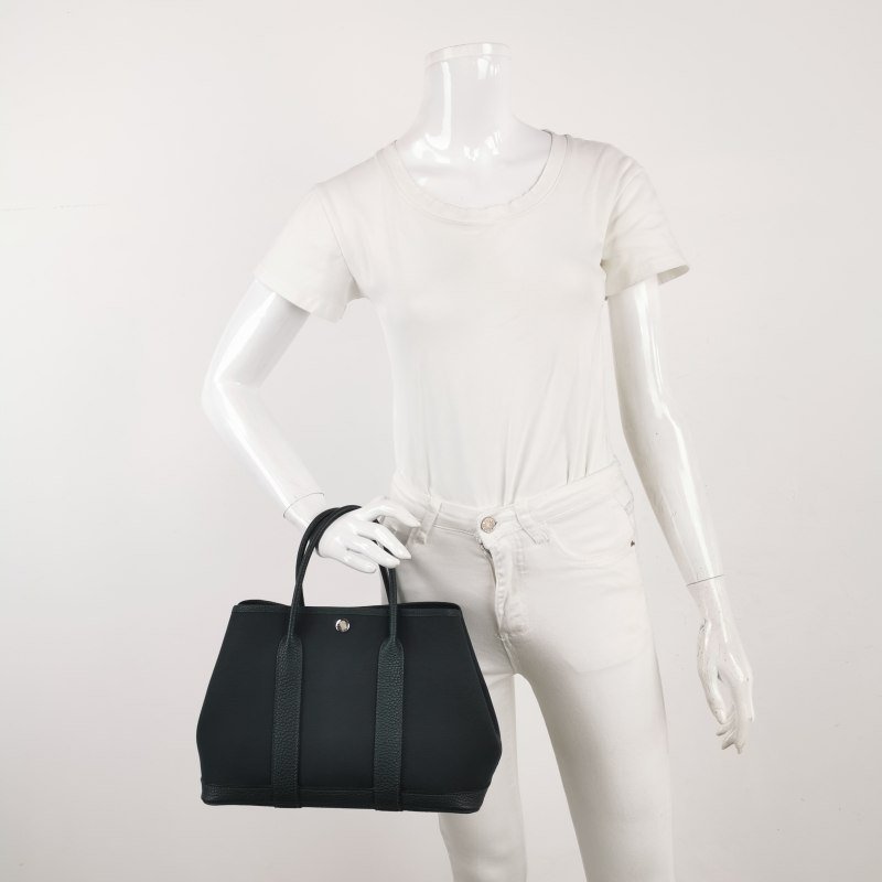 Hermes Garden Party花園包30按扣手提包Negonda牛皮帆布銀扣6O松柏綠Z刻-1