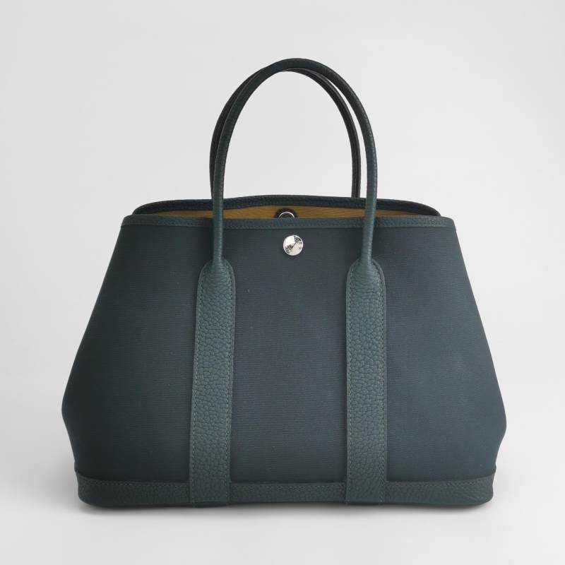 Hermes Garden Party花園包30按扣手提包Negonda牛皮帆布銀扣6O松柏綠Z刻-4