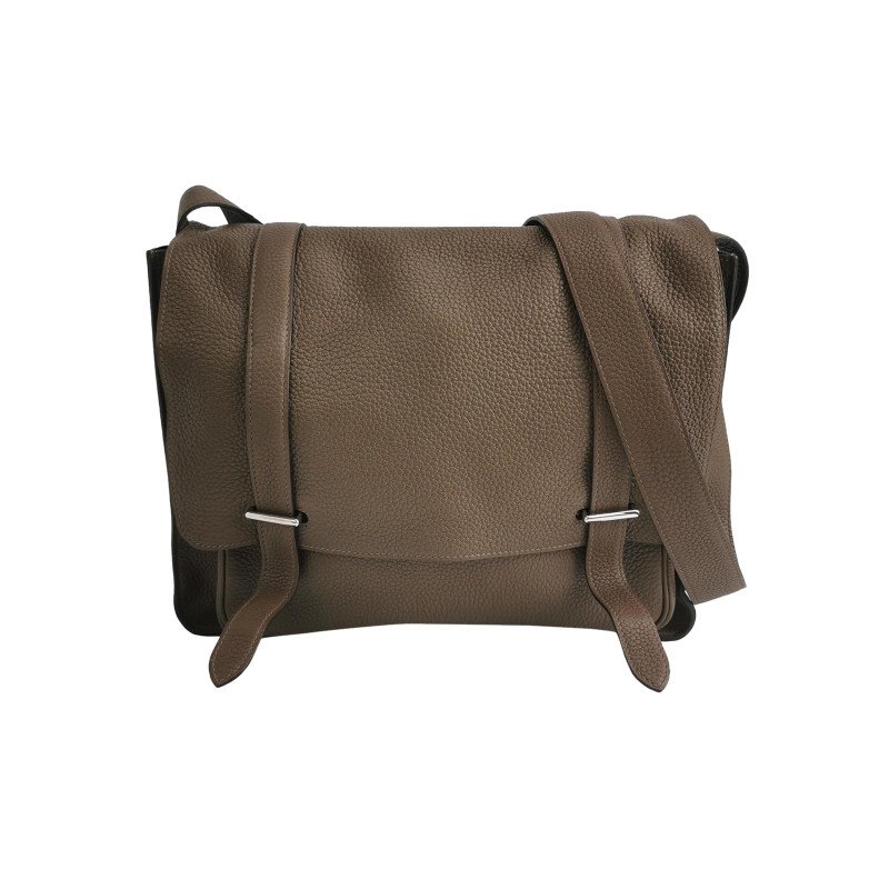 Hermes Steve35斜背包單肩包Togo牛皮銀扣18etoupe大象灰S4深藍框R刻-0