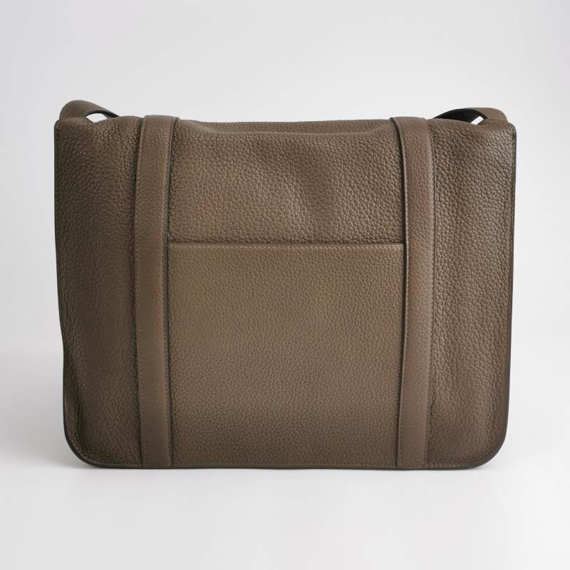 Hermes Steve35斜背包單肩包Togo牛皮銀扣18etoupe大象灰S4深藍框R刻-4