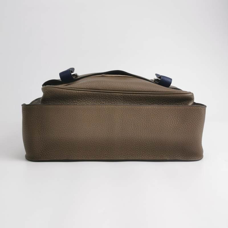 Hermes Steve35斜背包單肩包Togo牛皮銀扣18etoupe大象灰S4深藍框R刻-5